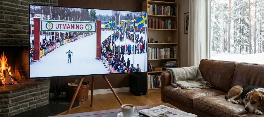 En bild av målgången i Vasaloppet, men banderollen över målet säger "utmaning".