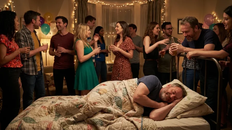 Hur mycket sömn behöver man? En man ligger och sover i sin säng som är placerad mitt i ett cocktailparty.