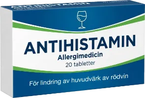 En ask med antihistaminer, speciellt framtagen "för lindring av huvudvärk av rödvin". Det ser inte ut som att den här produkten finns på riktigt.