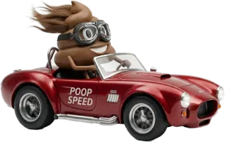 En emoji-bajskorv kör en racerbil med dekalen "poop speed"