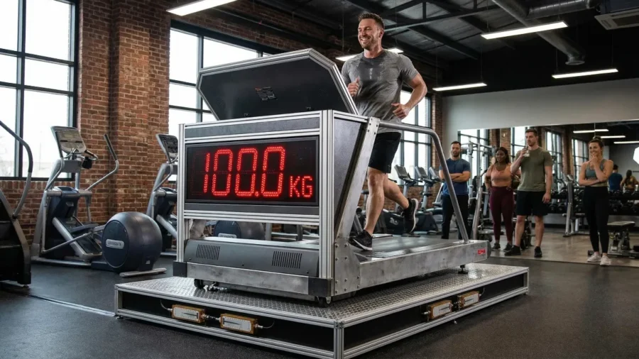 Blir man smal av löpning? En man springer på ett löpband som visar siffrorna 100 kg, som om löpbandet vore en våg.