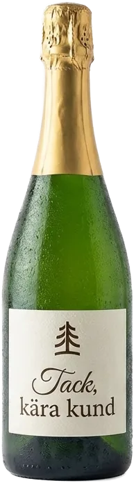 En champagneflaska där det står "Tack, kära kund" på etiketten.