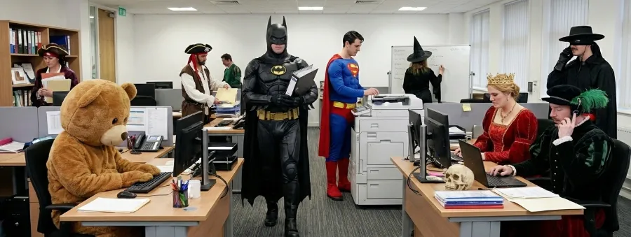 En helt vanlig dag på jobbet. Stålmannen står och kopierar, piraten viker papper i ett arkivskåp. Zorro pratar i telefon och Batman går med bestämda steg med en pärm.