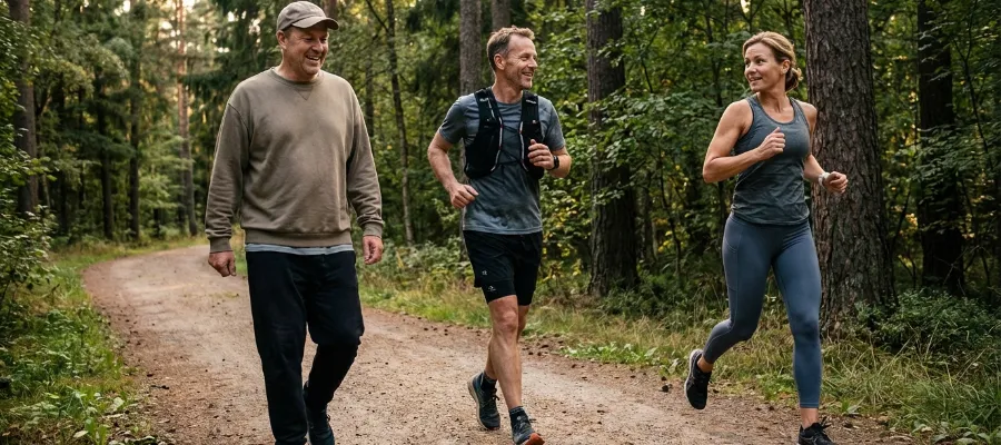 Tre personer med olika ambitionsnivå möts i löpspåret. En är ute och promenerar, en småjoggar och en springer förbi.
