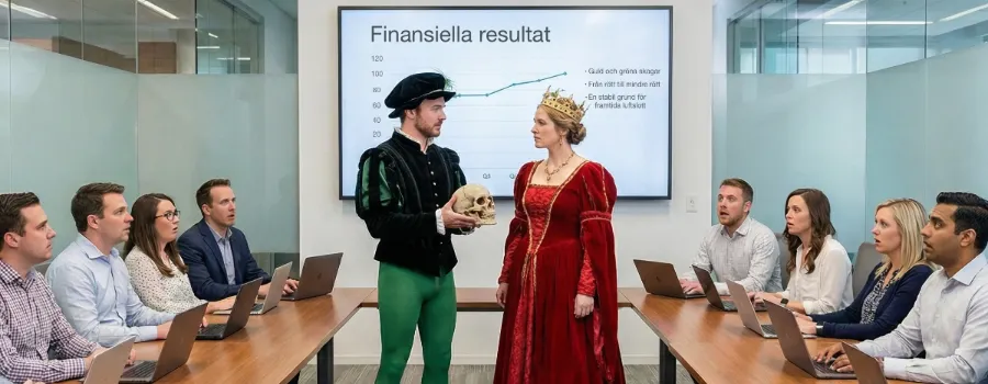Hamlet och drottningen presenterar finansiella resultat framför en förbluffad åhörarskara i ett konferensrum.