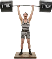 Starke Adolf med svartvitrandig träningsdress och mustasch lufter ett ton på raka armar, precis som på cirkus
