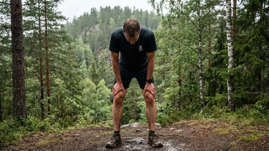 En man står uppe på ett backkrön och njuter av mjölksyra efter en backintervall