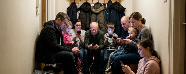 En familj sitter i hallen med sina mobiler.