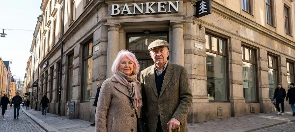 Ett pensionärspar står framför banken.