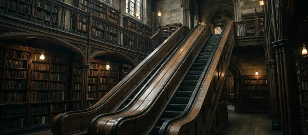 En gnisslande rulltrappa i ett gammalt bibliotek med valv och mycket trä.