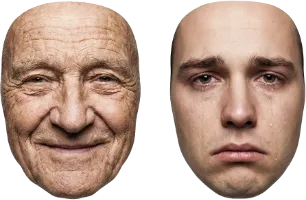 En klassisk teatermask, med en glad gammal man och en ledsen ung man.