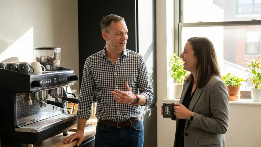 Såhär kan det se ut när man börjar bygga relationer. Jag står vid kaffeapparaten med en icke namngiven kollega och skrävlar.