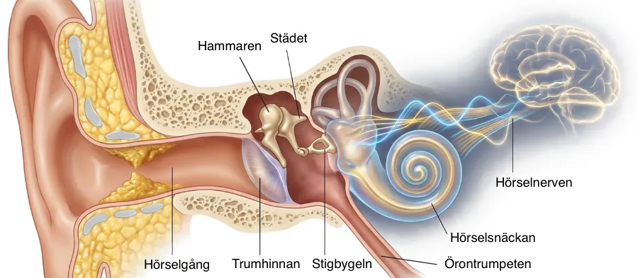 Ett tvärsnitt av ett öra, längst ut är hörselgången, följt av trumhinnan, hammaren, städet, stigbygeln, hörselsnäckan och hörselnerven.