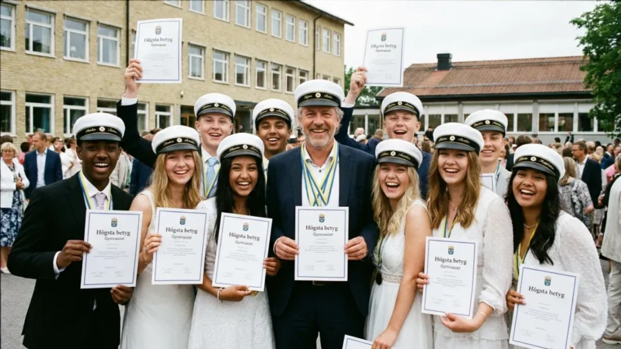 Ett studentfoto med glada elever som visar upp sina betyg, bland dem en äldre man som är minst lika glad som de andra över sina betyg. Läge för honom att byta karriär vid 50!