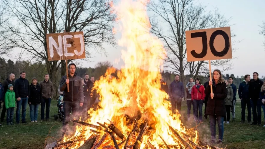 Ett kombinerat firande av Valborg och första maj. En majbrasa och två demonstranter, den ena med en skylt där det står "NEJ", den andra med en skylt där det står "JO"