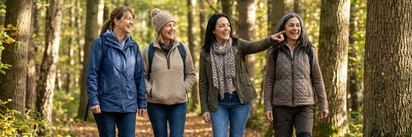 En grupp med kvinnor på promenad i skogen. En av dem pekar på någonting och de andra ler.