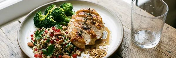 En tallrik med kyckling och quinoa bredvid ett tomt vattenglas