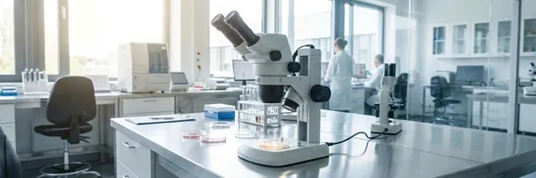 Ett mikroskop i ett ljust och fräscht laboratorium