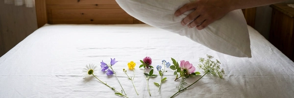 Det skulle bli en romantisk bild med sju sorters blommor som ligger uppradade under huvudkudden, men ärligt talat ser det mer ut som en scen i en skräckfilm när någon ska kväva blommorna.