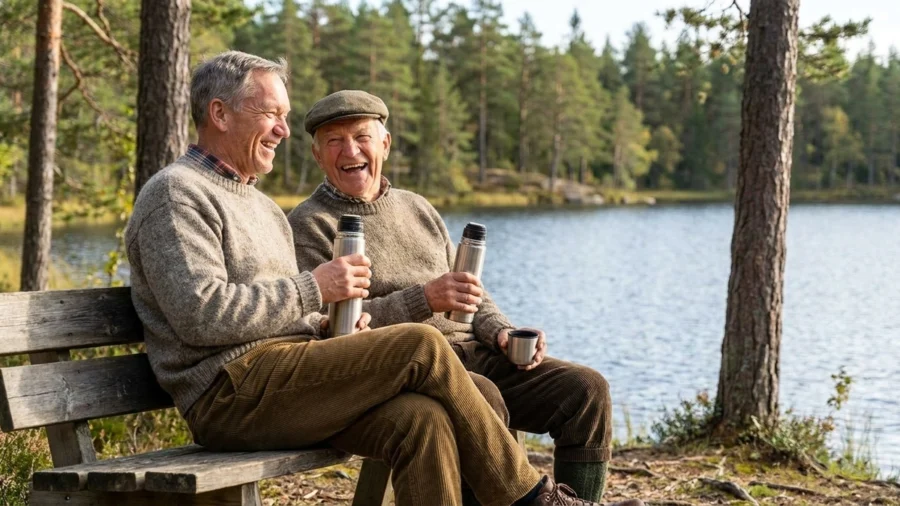 Två gamla gubbar sitter på en bänk vid en sjö och dricker kaffe ur varsin termos. Att bygga fina vänskapsrelationer tar tid.