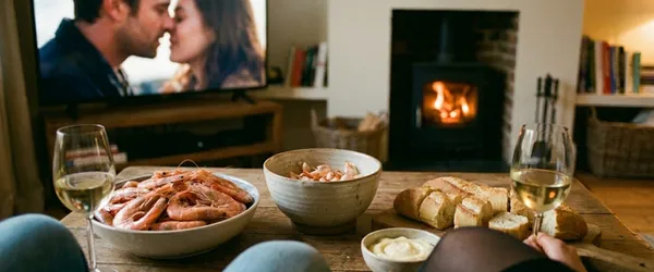 Vitt vin och räkor framför en romantisk film. Lillan vill ha en lillebror.